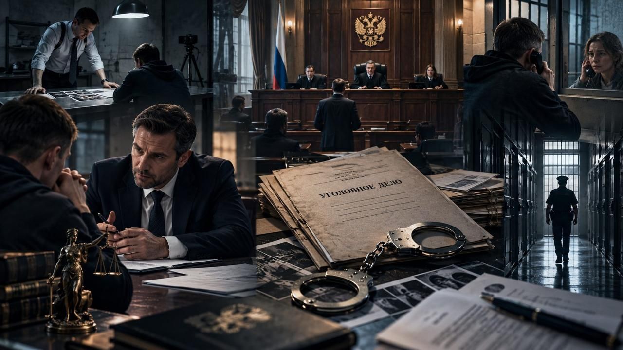 Папка «Уголовное дело» и наручники на столе в зале суда