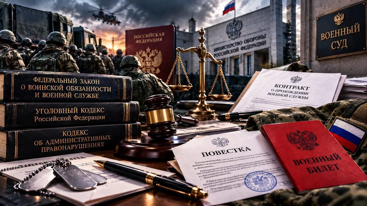 Повестка, военный билет, контракт и кодексы на столе